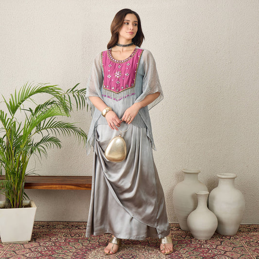 Grey and Purple Hand Embroidered Kaftan Top with Skirt Set