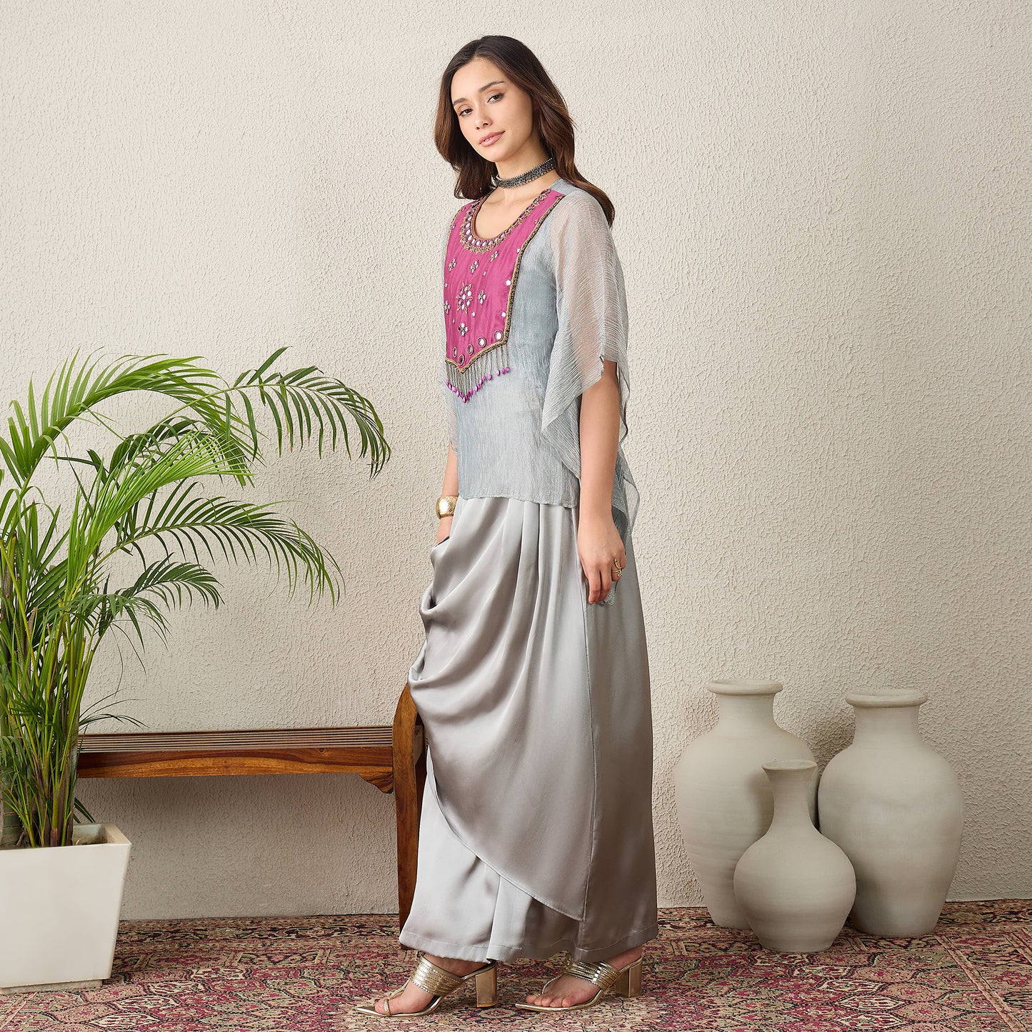Grey and Purple Hand Embroidered Kaftan Top with Skirt Set