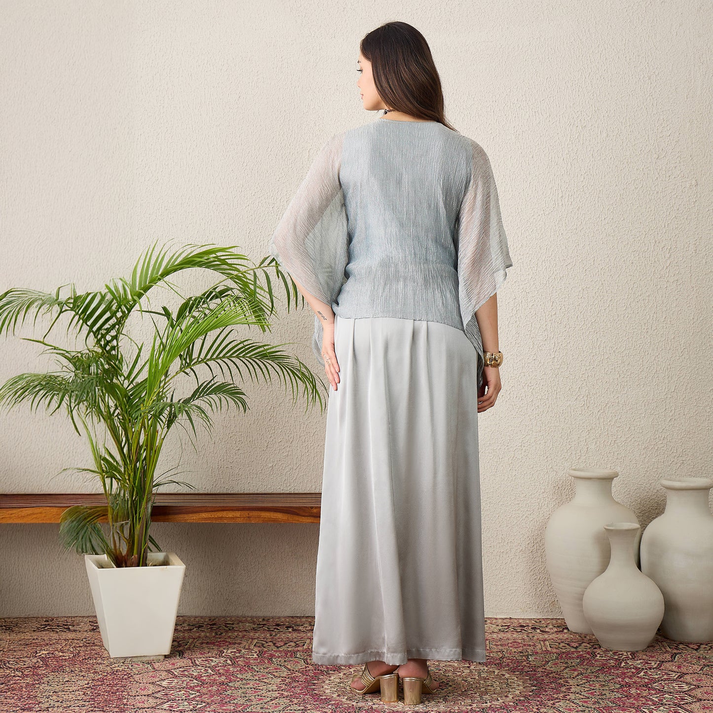 Grey and Purple Hand Embroidered Kaftan Top with Skirt Set