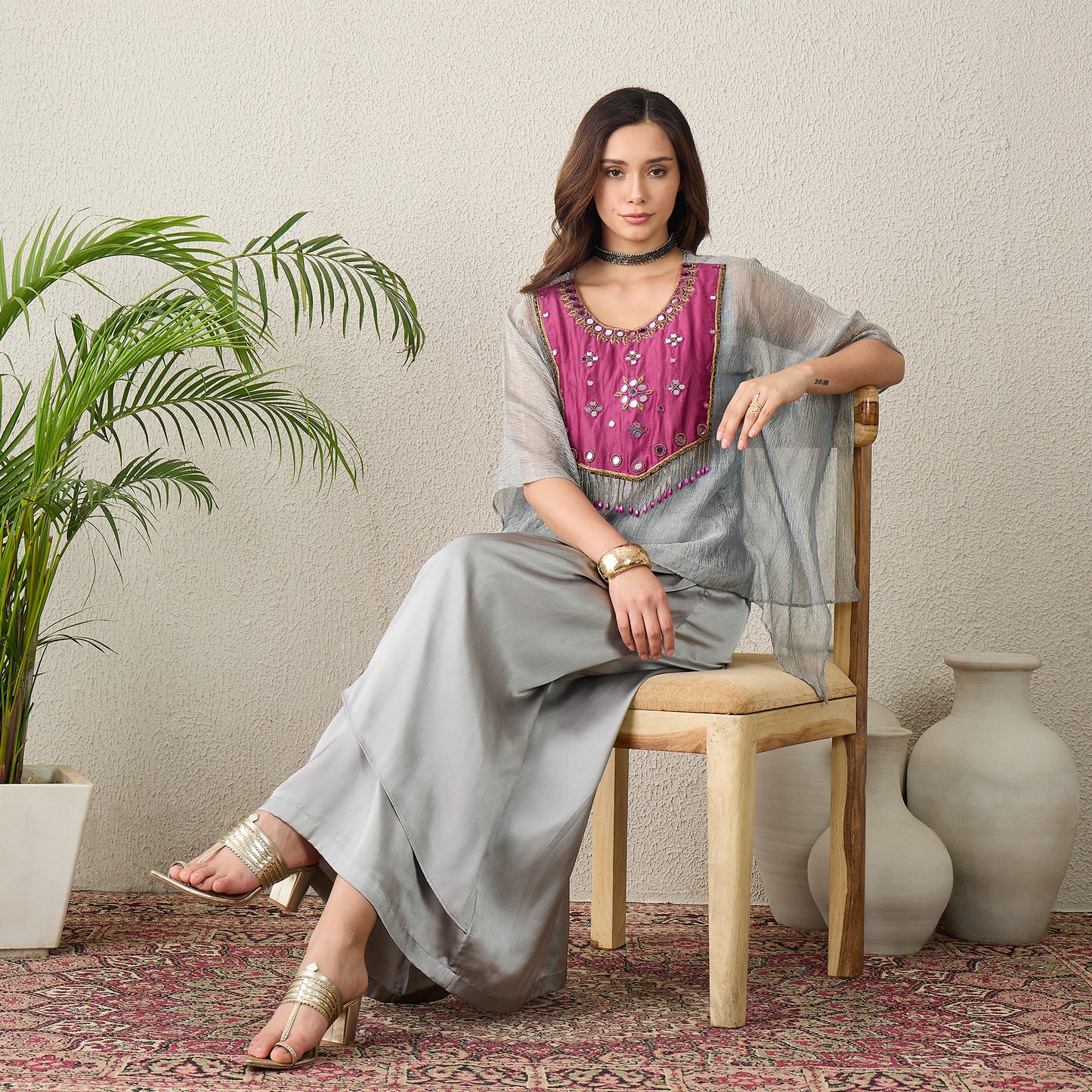 Grey and Purple Hand Embroidered Kaftan Top with Skirt Set