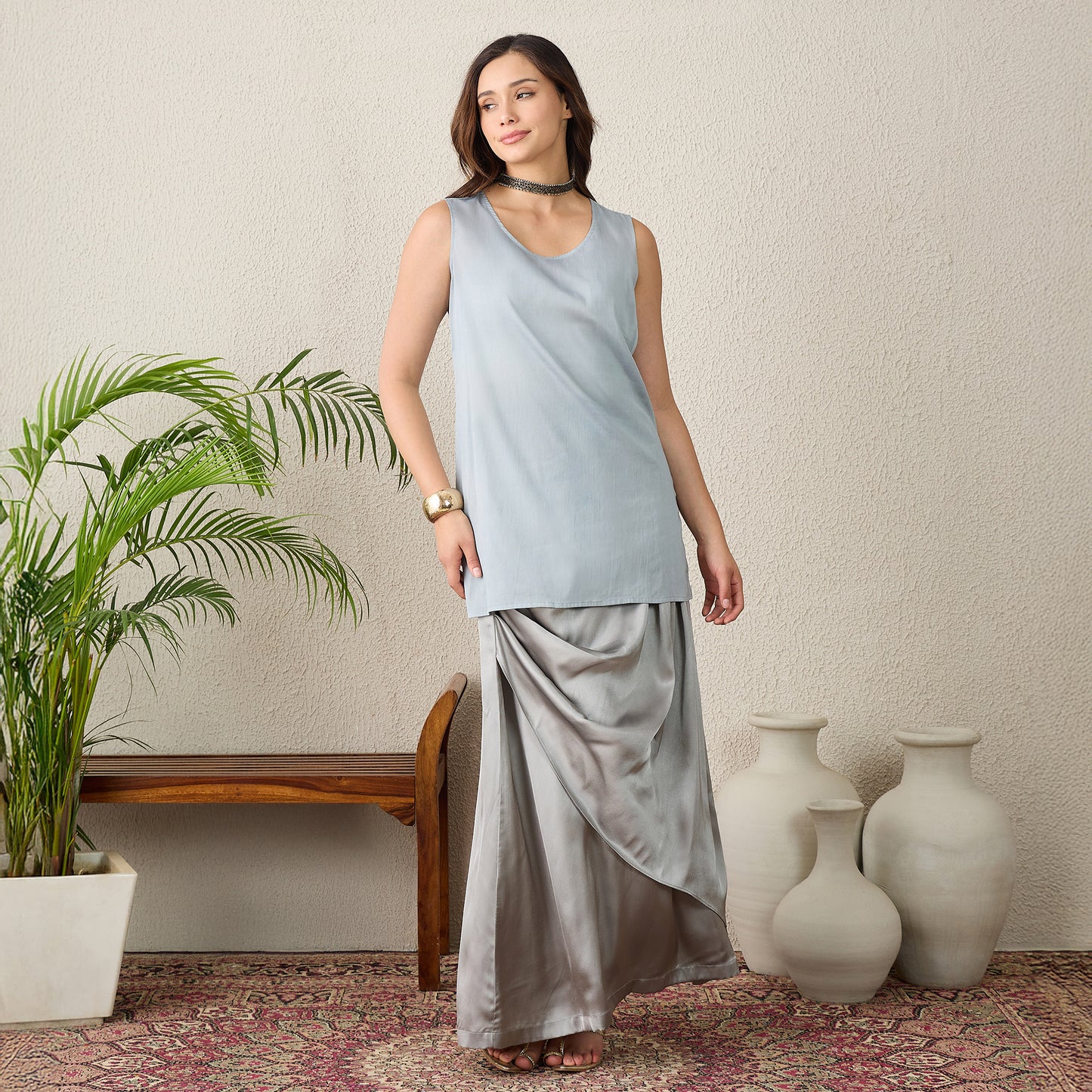Grey and Purple Hand Embroidered Kaftan Top with Skirt Set
