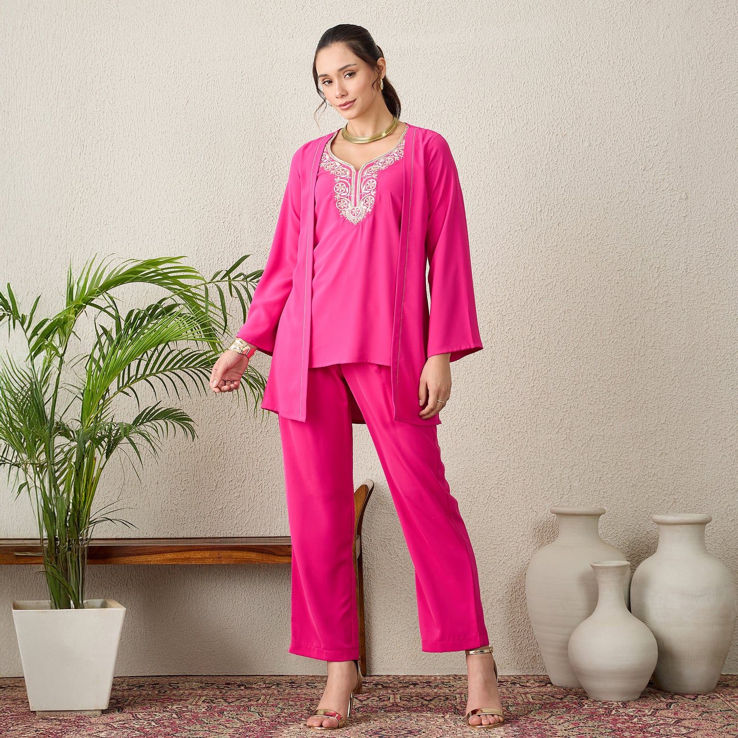 Pink Yoke Embroidered Top with Pants Set