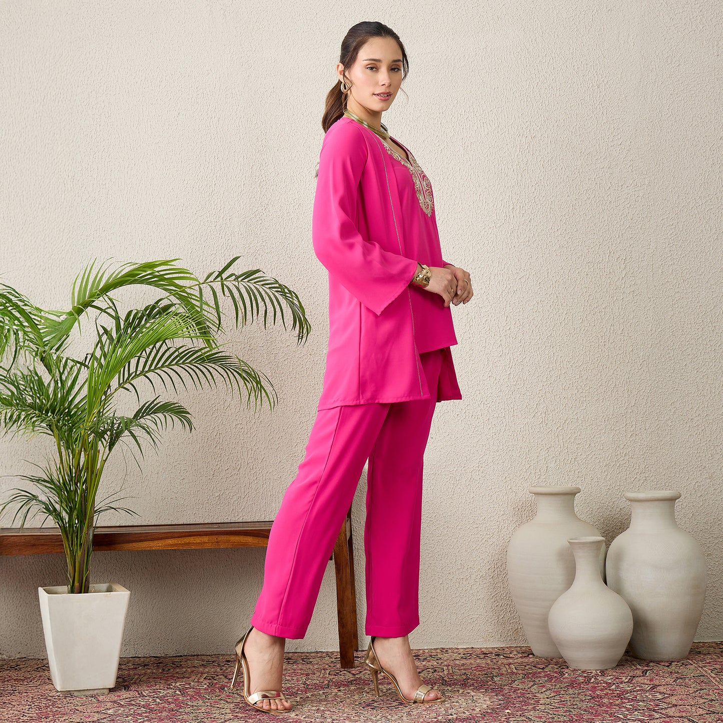 Pink Yoke Embroidered Top with Pants Set