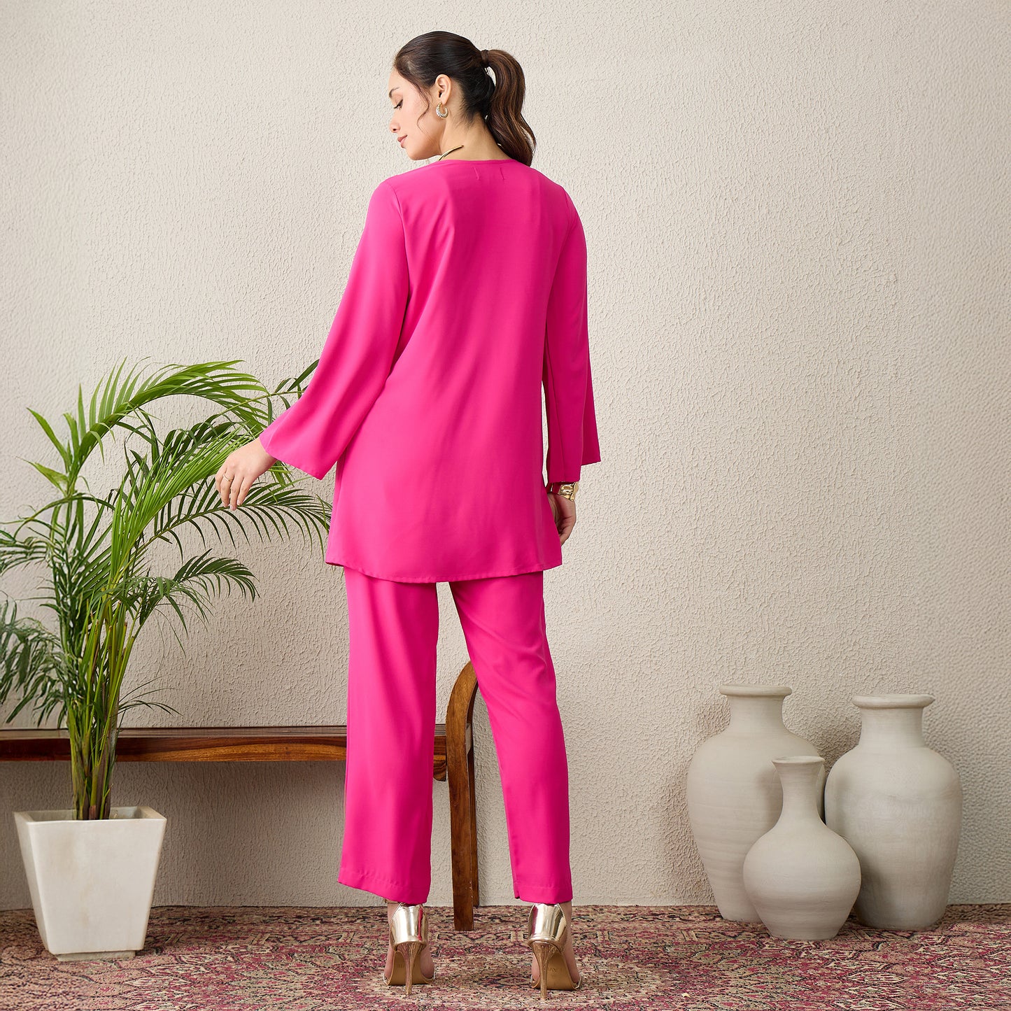 Pink Yoke Embroidered Top with Pants Set