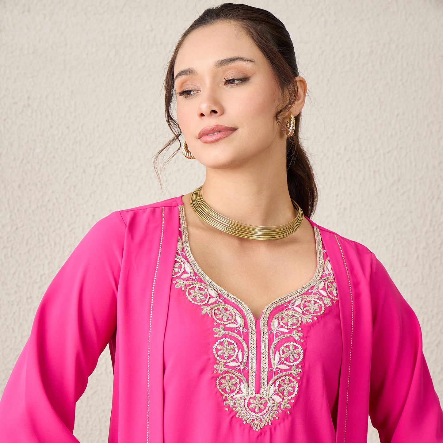 Pink Yoke Embroidered Top with Pants Set