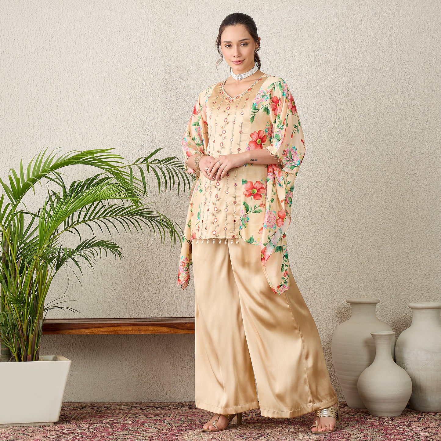 Beige Hand Embroidered Floral Print Top and Pants Set