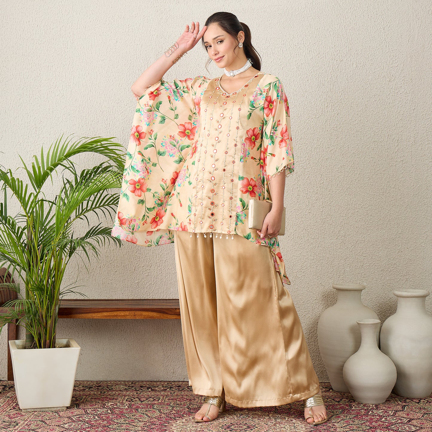 Beige Hand Embroidered Floral Print Top and Pants Set
