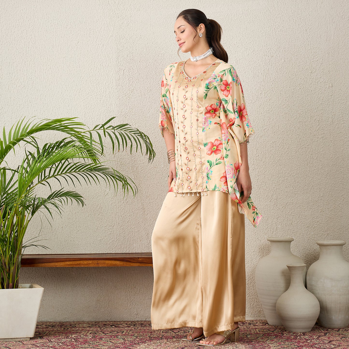 Beige Hand Embroidered Floral Print Top and Pants Set