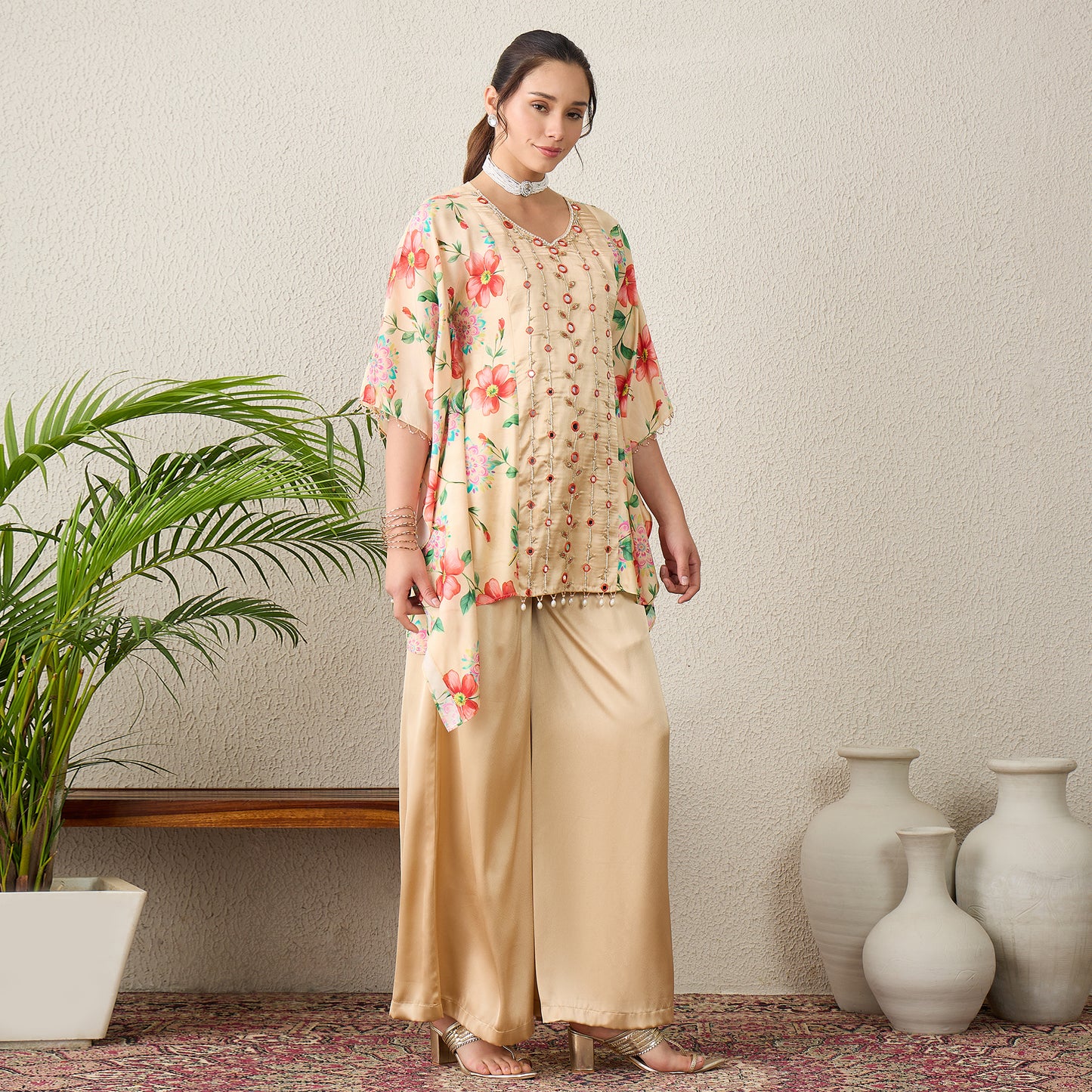 Beige Hand Embroidered Floral Print Top and Pants Set