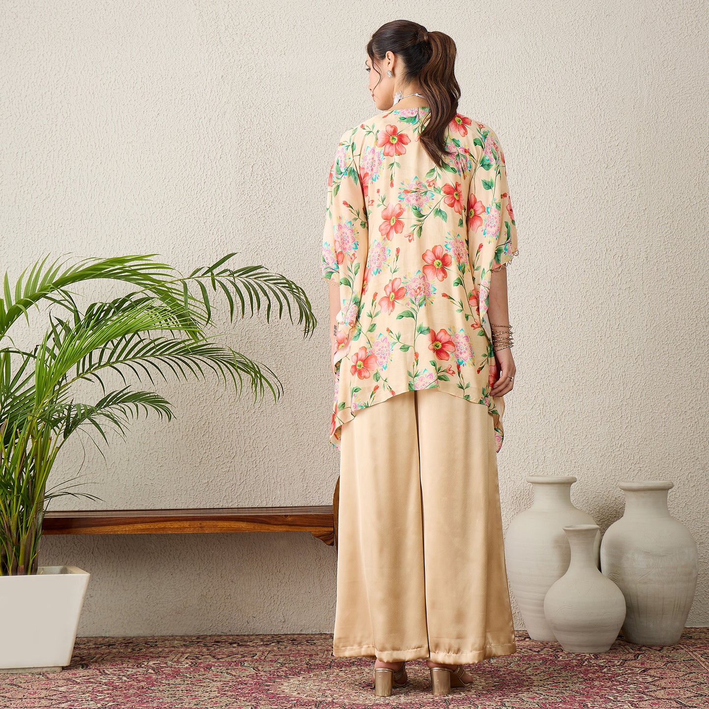 Beige Hand Embroidered Floral Print Top and Pants Set