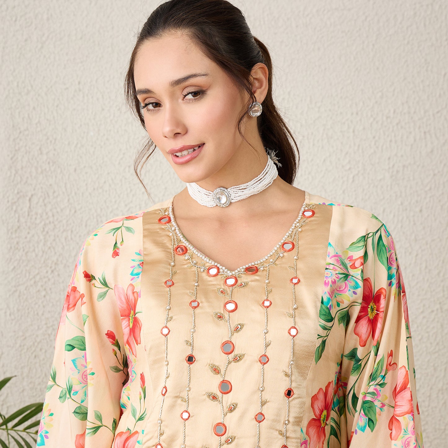 Beige Hand Embroidered Floral Print Top and Pants Set