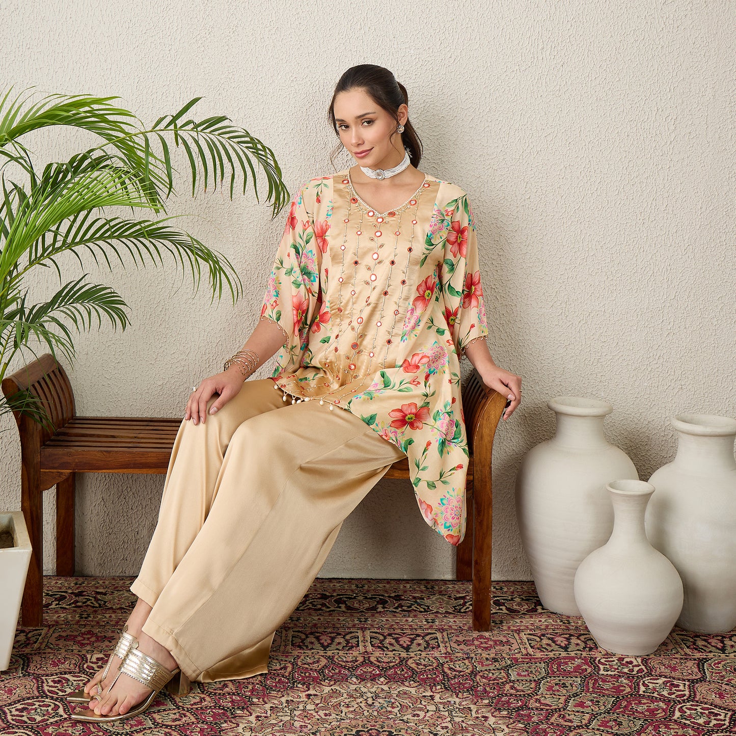 Beige Hand Embroidered Floral Print Top and Pants Set