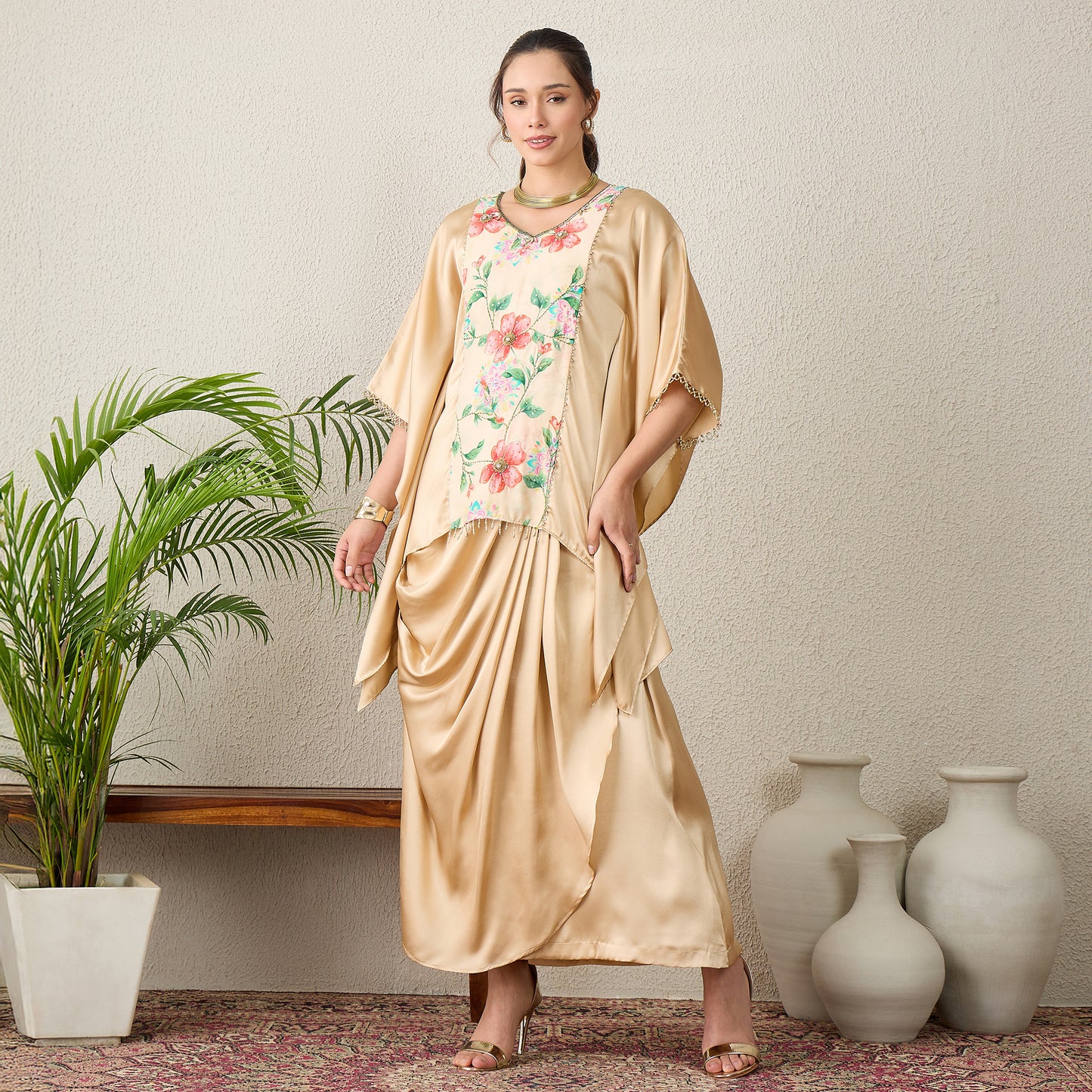 Beige Floral Print Kaftan Top with Golden Embroidery and Skirt Set
