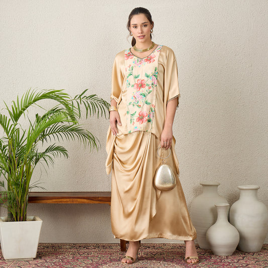 Beige Floral Print Kaftan Top with Golden Embroidery and Skirt Set