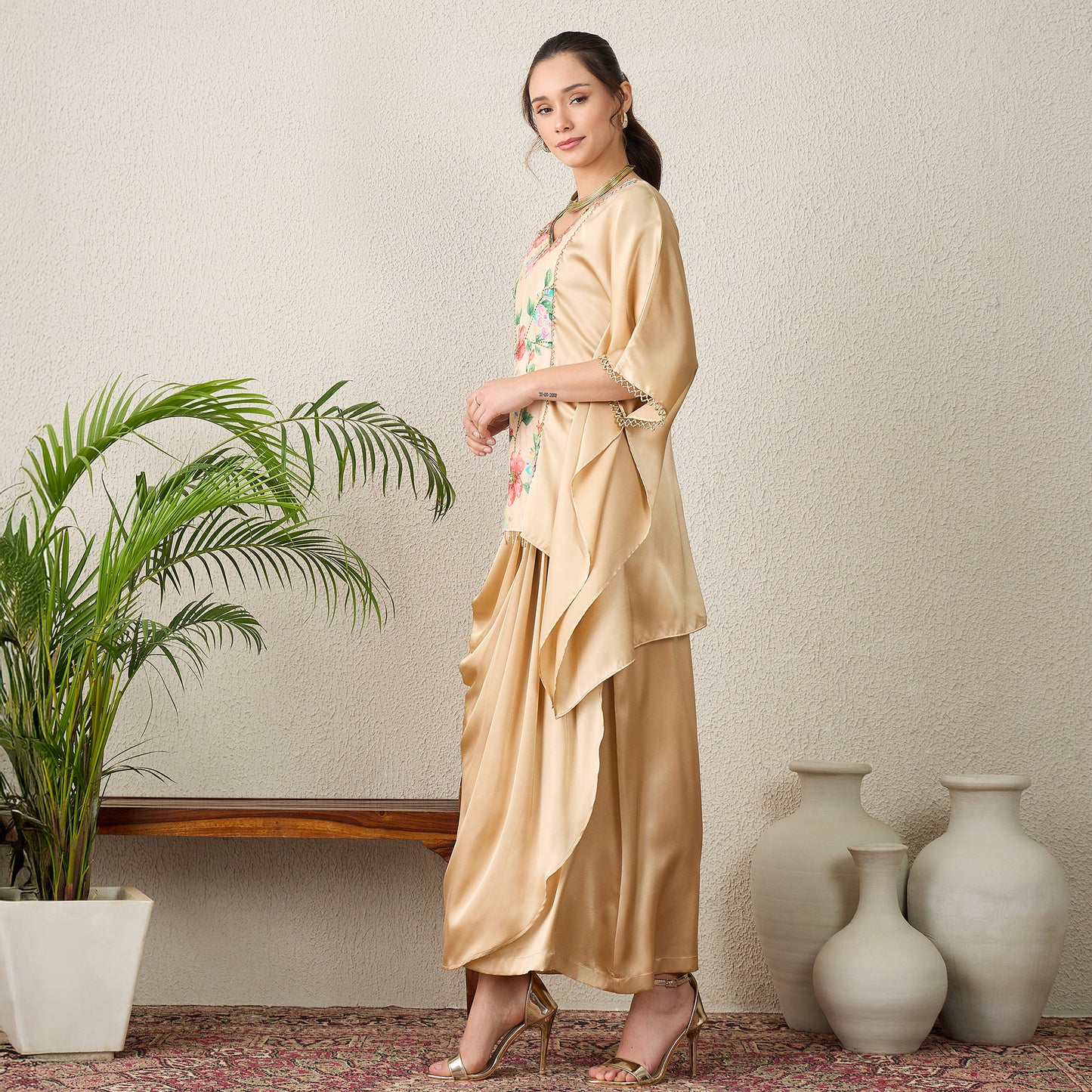 Beige Floral Print Kaftan Top with Golden Embroidery and Skirt Set