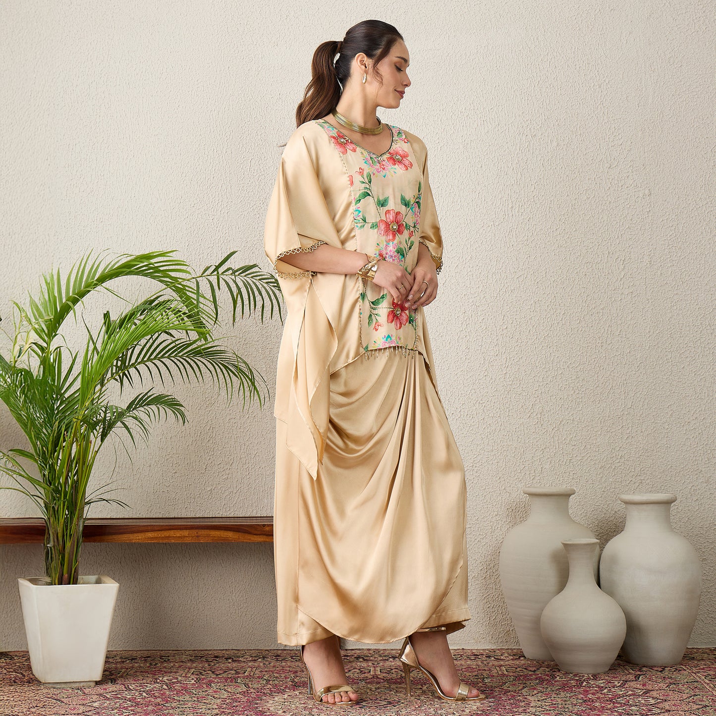Beige Floral Print Kaftan Top with Golden Embroidery and Skirt Set