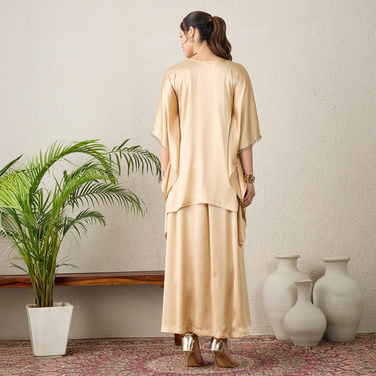 Beige Floral Print Kaftan Top with Golden Embroidery and Skirt Set