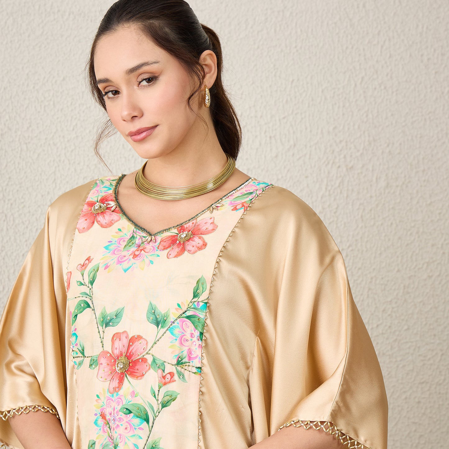 Beige Floral Print Kaftan Top with Golden Embroidery and Skirt Set