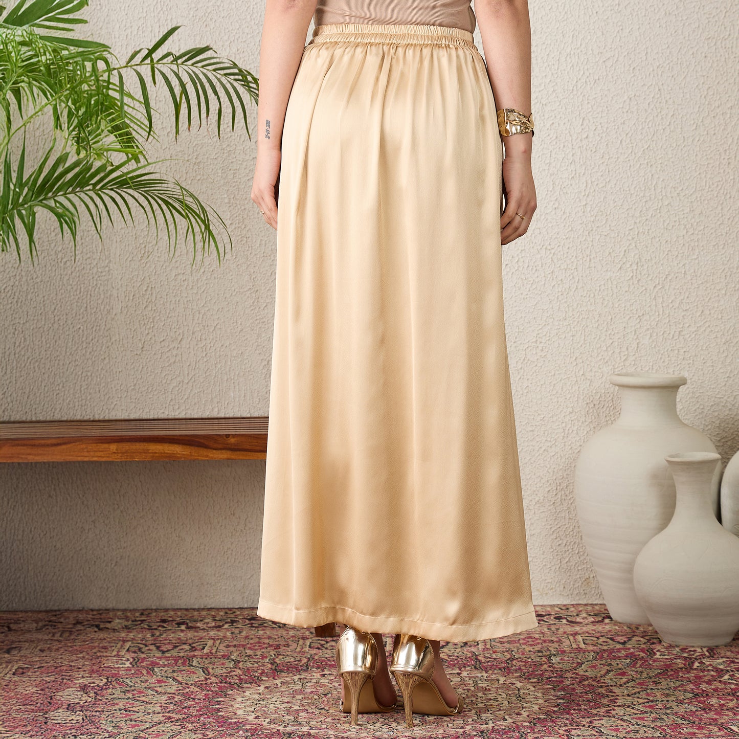 Beige Floral Print Kaftan Top with Golden Embroidery and Skirt Set