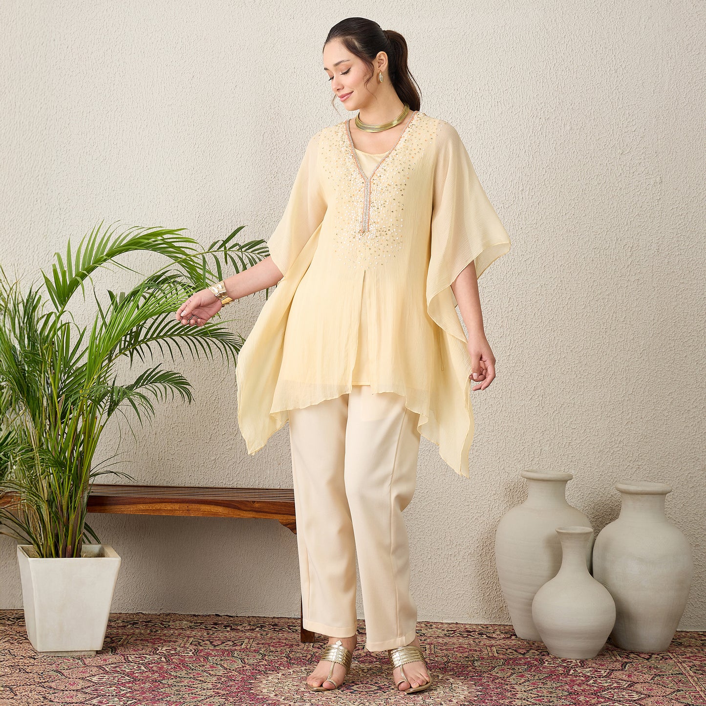 Cream Scattered Sequin Kaftan Top with Pants Set