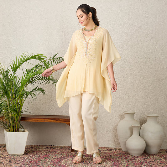 Cream Scattered Sequin Kaftan Top with Pants Set