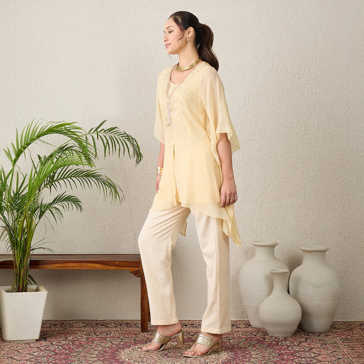 Cream Scattered Sequin Kaftan Top with Pants Set