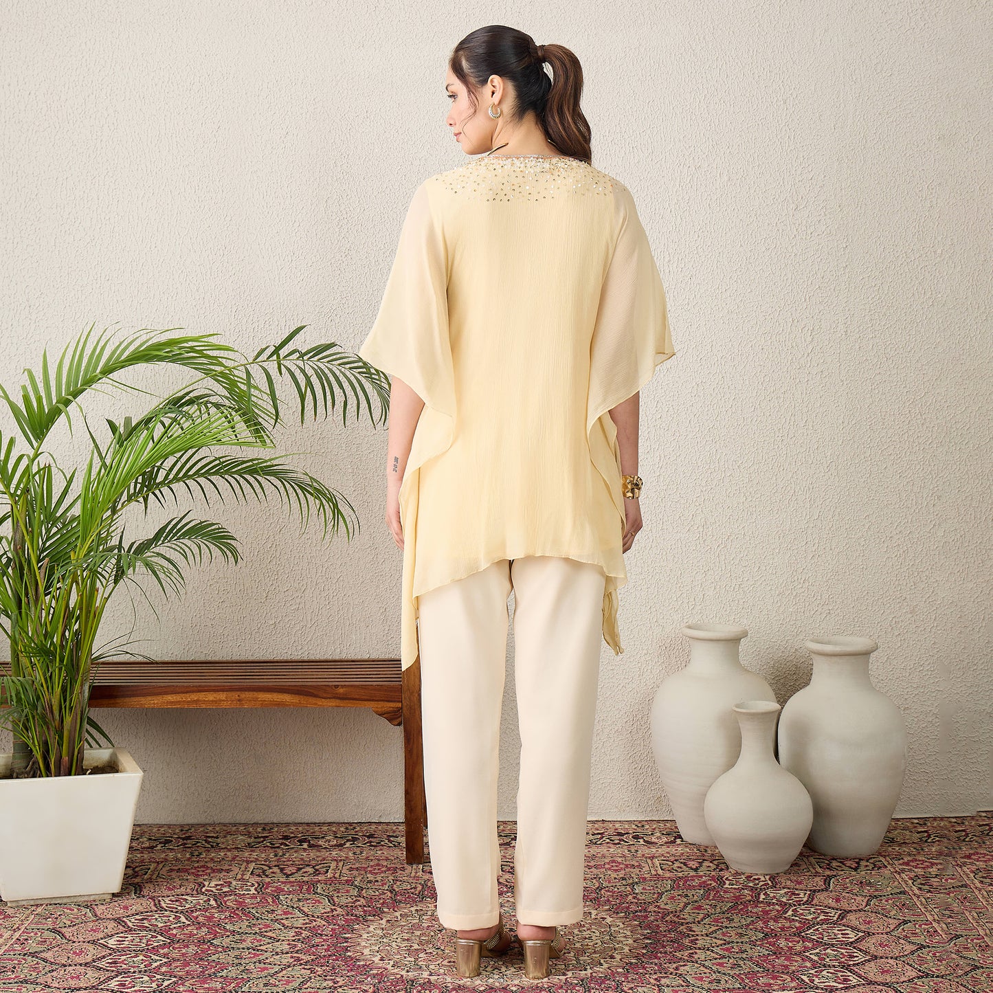 Cream Scattered Sequin Kaftan Top with Pants Set