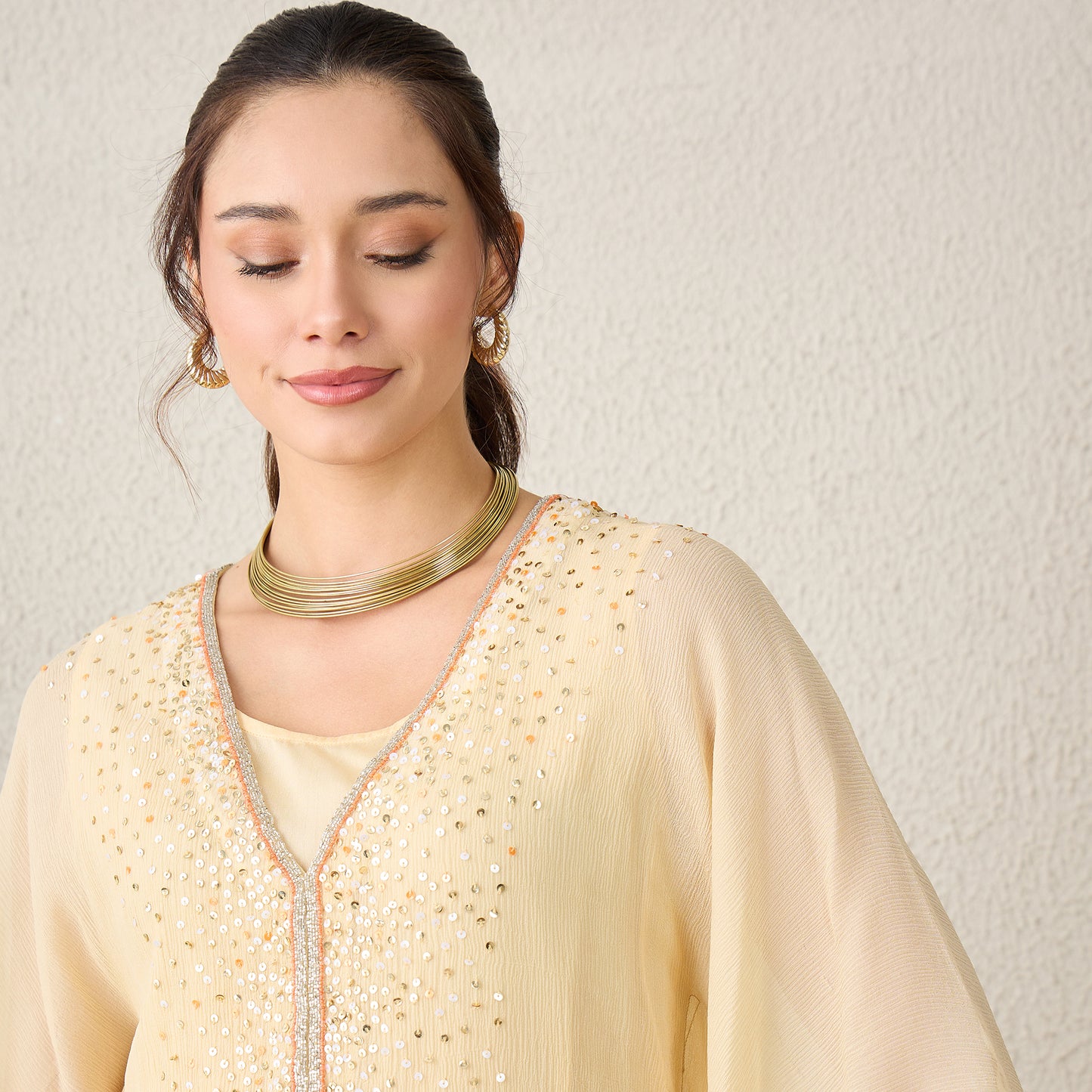 Cream Scattered Sequin Kaftan Top with Pants Set