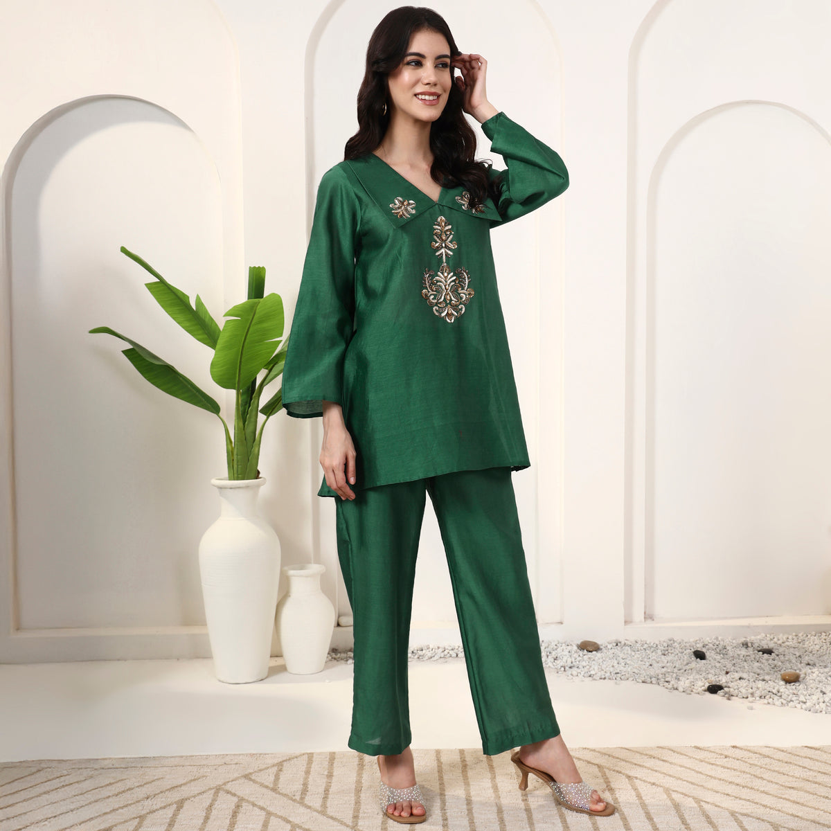 Green Set for Women – Cotton Silk – Side View | First Resort by Ramola Bachchan