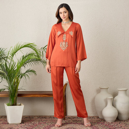 Orange Embroidered Collar Top with Pants Set