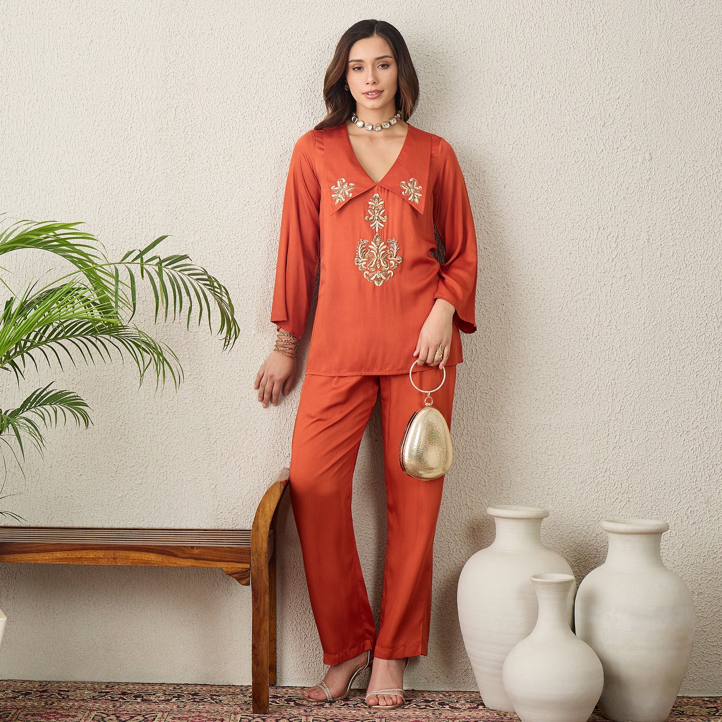 Orange Embroidered Collar Top with Pants Set
