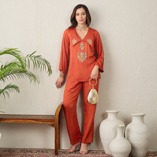 Orange Embroidered Collar Top with Pants Set