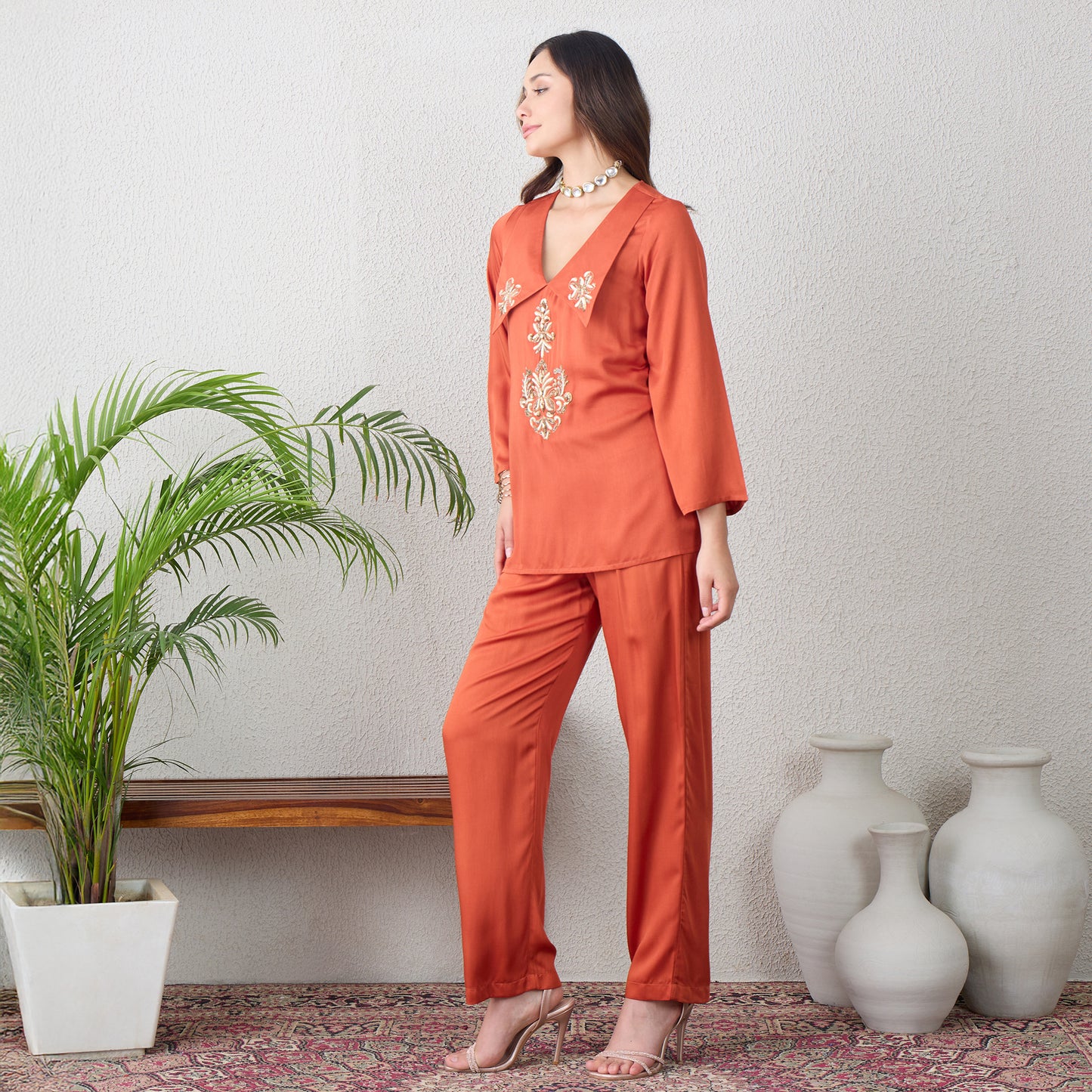 Orange Embroidered Collar Top with Pants Set