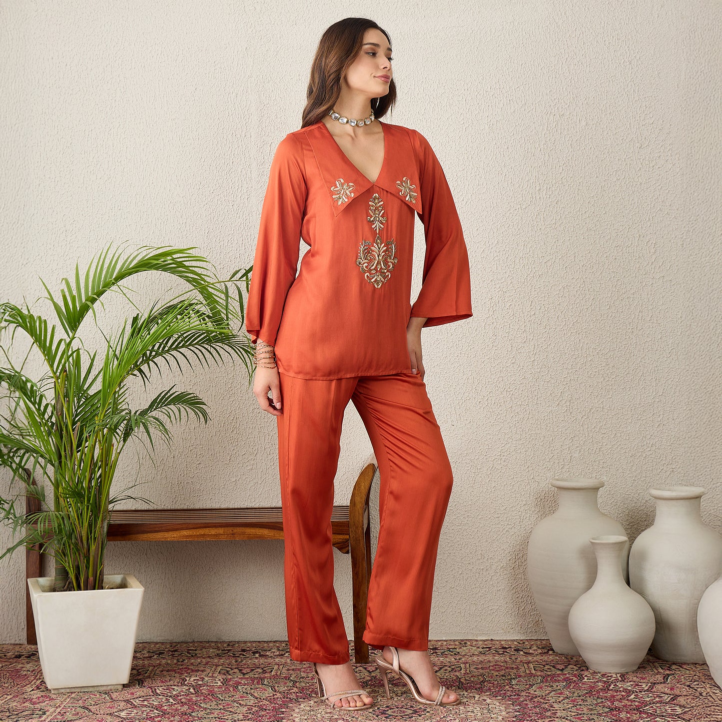 Orange Embroidered Collar Top with Pants Set