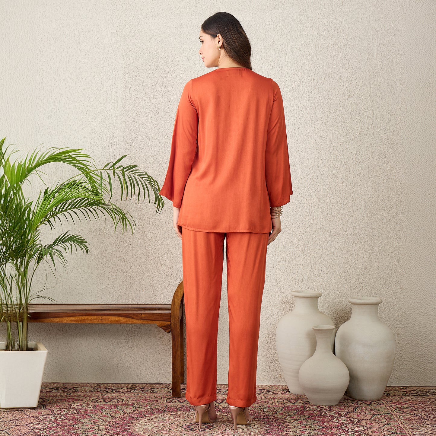 Orange Embroidered Collar Top with Pants Set
