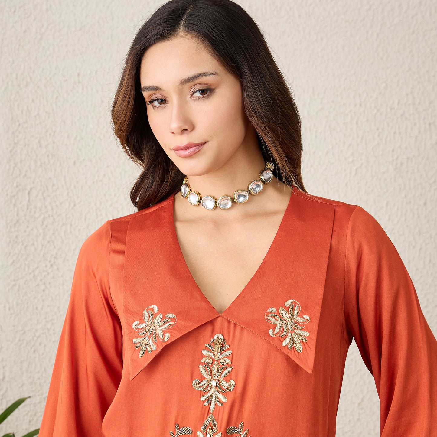 Orange Embroidered Collar Top with Pants Set