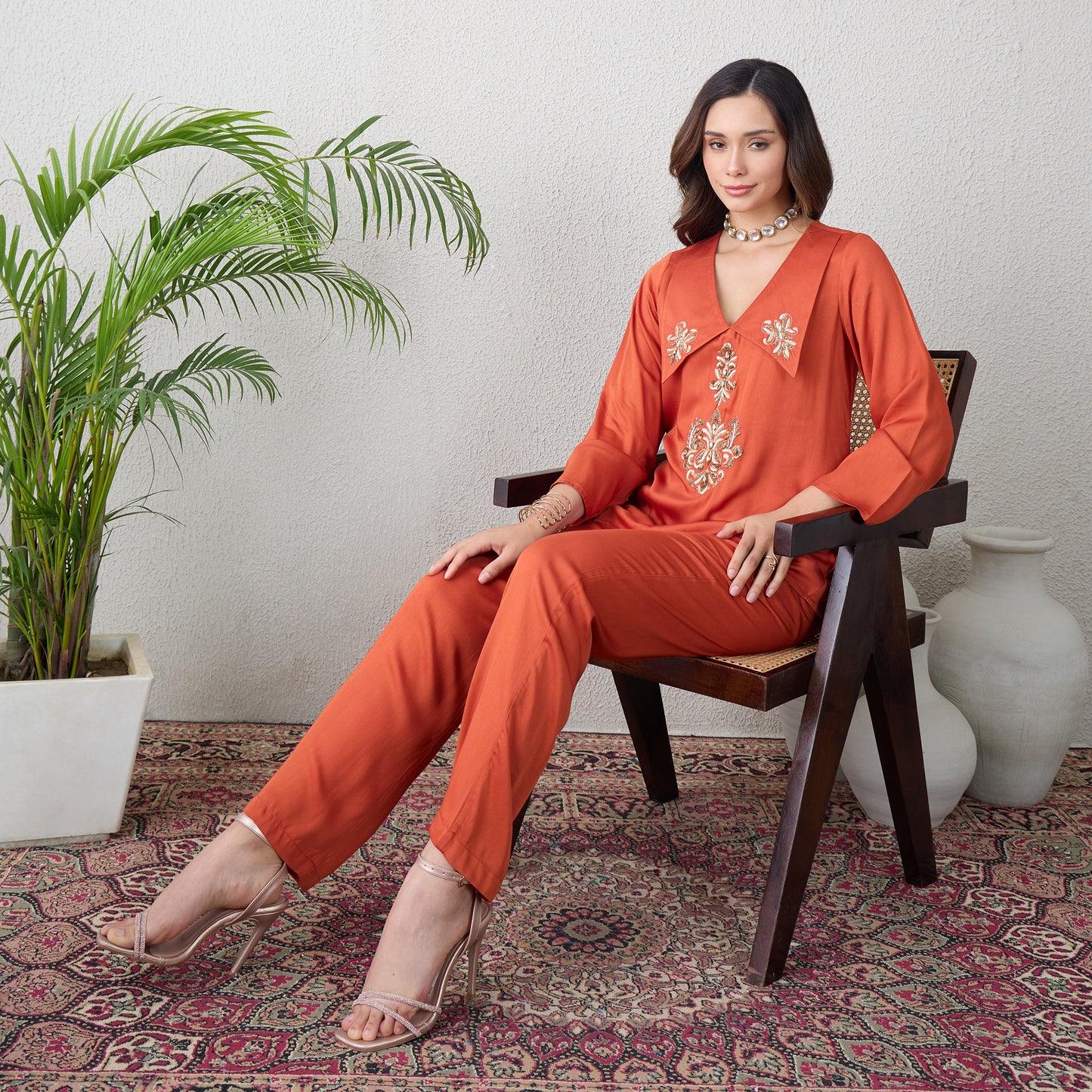 Orange Embroidered Collar Top with Pants Set