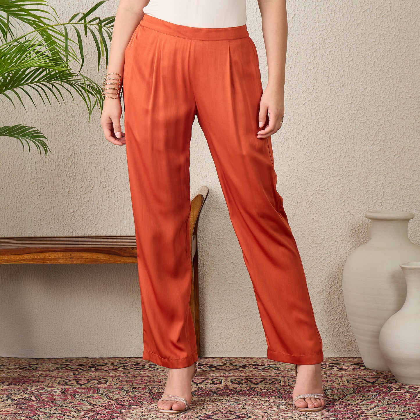 Orange Embroidered Collar Top with Pants Set