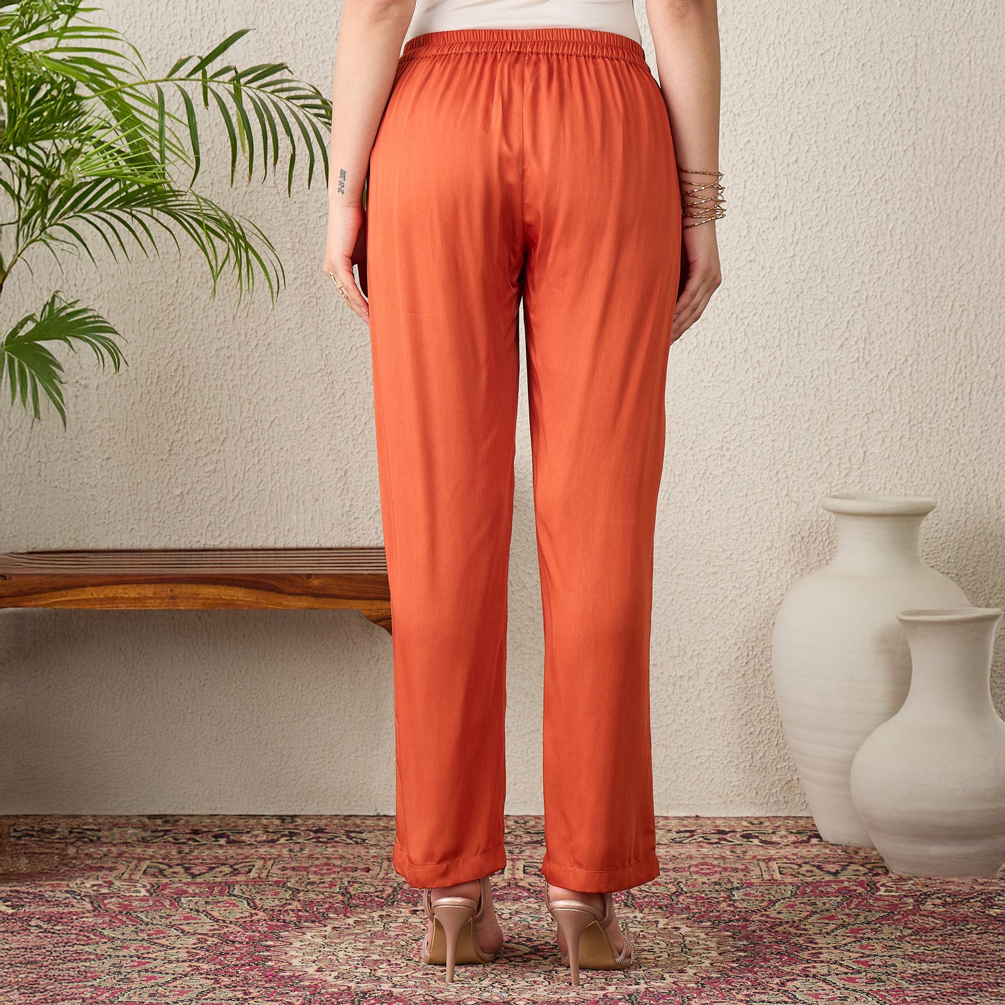 Orange Embroidered Collar Top with Pants Set