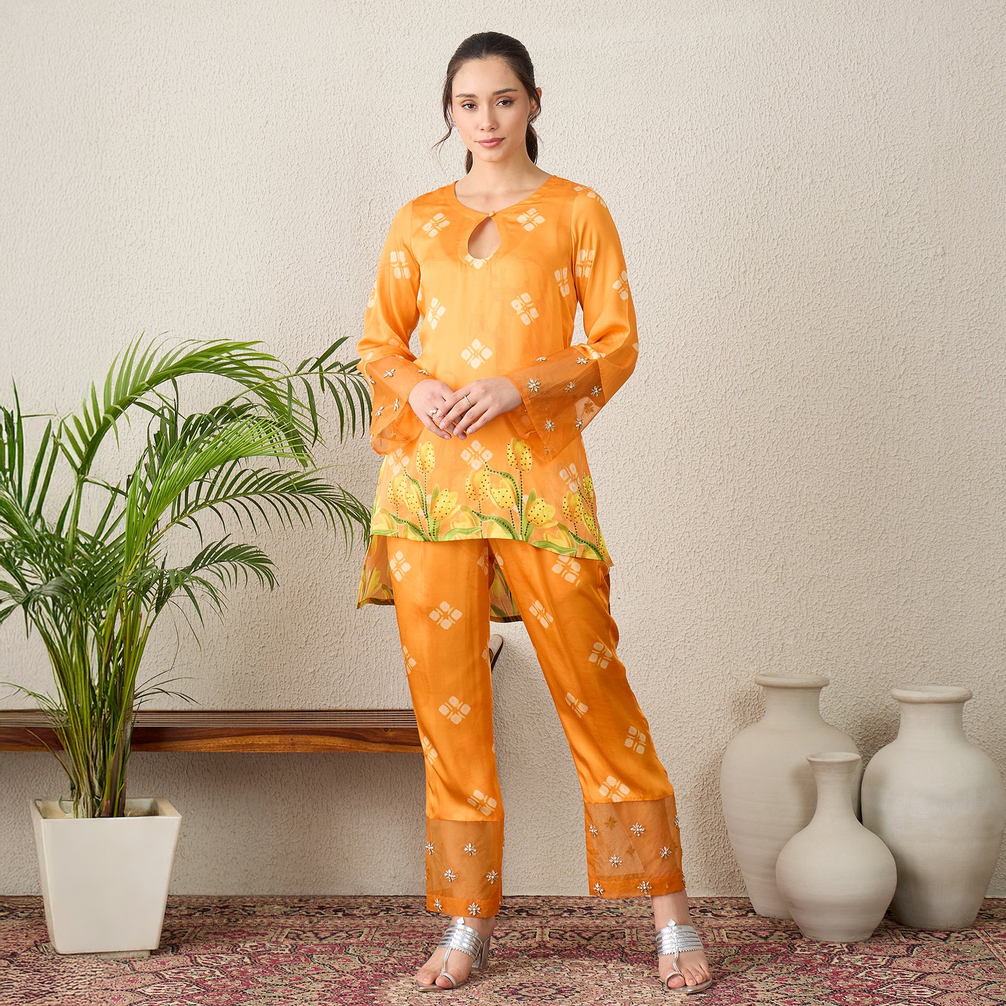 Orange Boota Print High-Low Kurta with Pants Set
