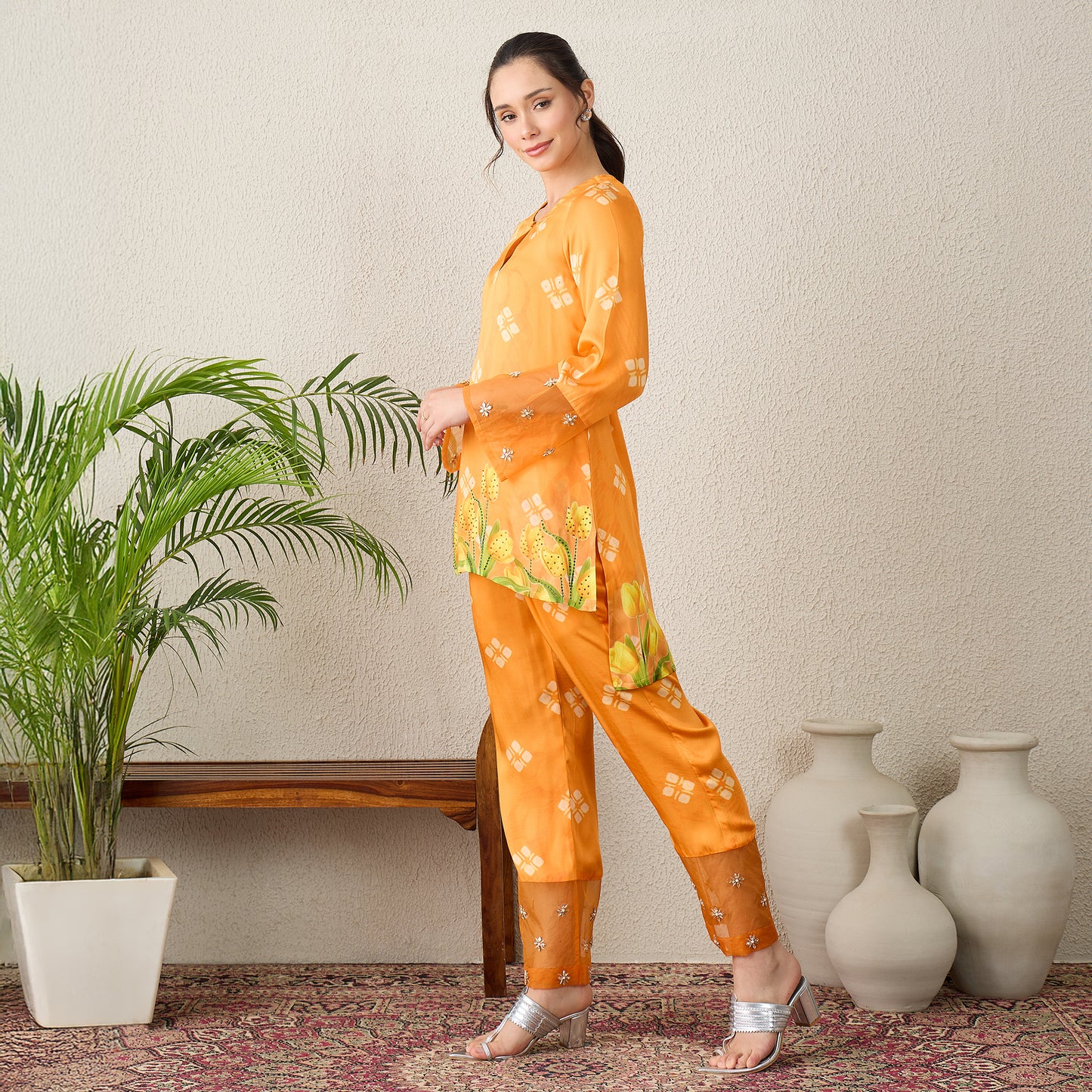 Orange Boota Print High-Low Kurta with Pants Set