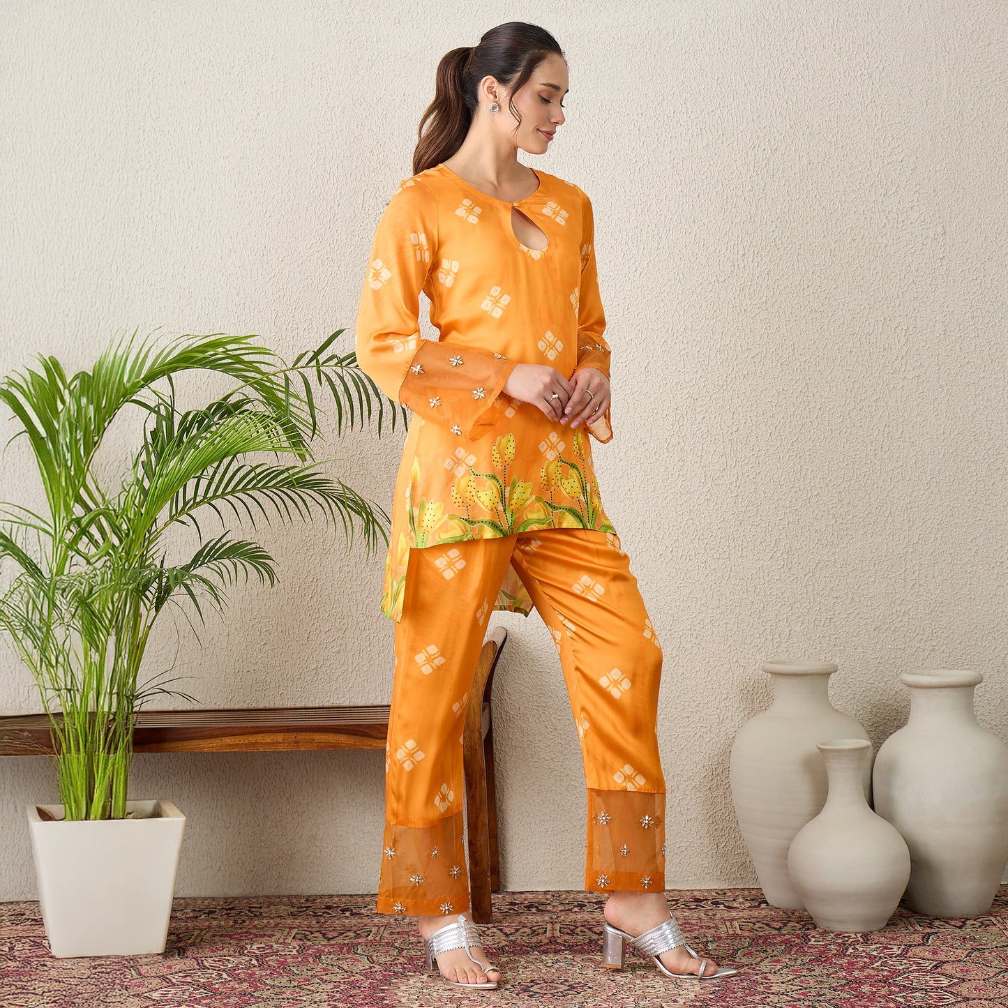 Orange Boota Print High-Low Kurta with Pants Set