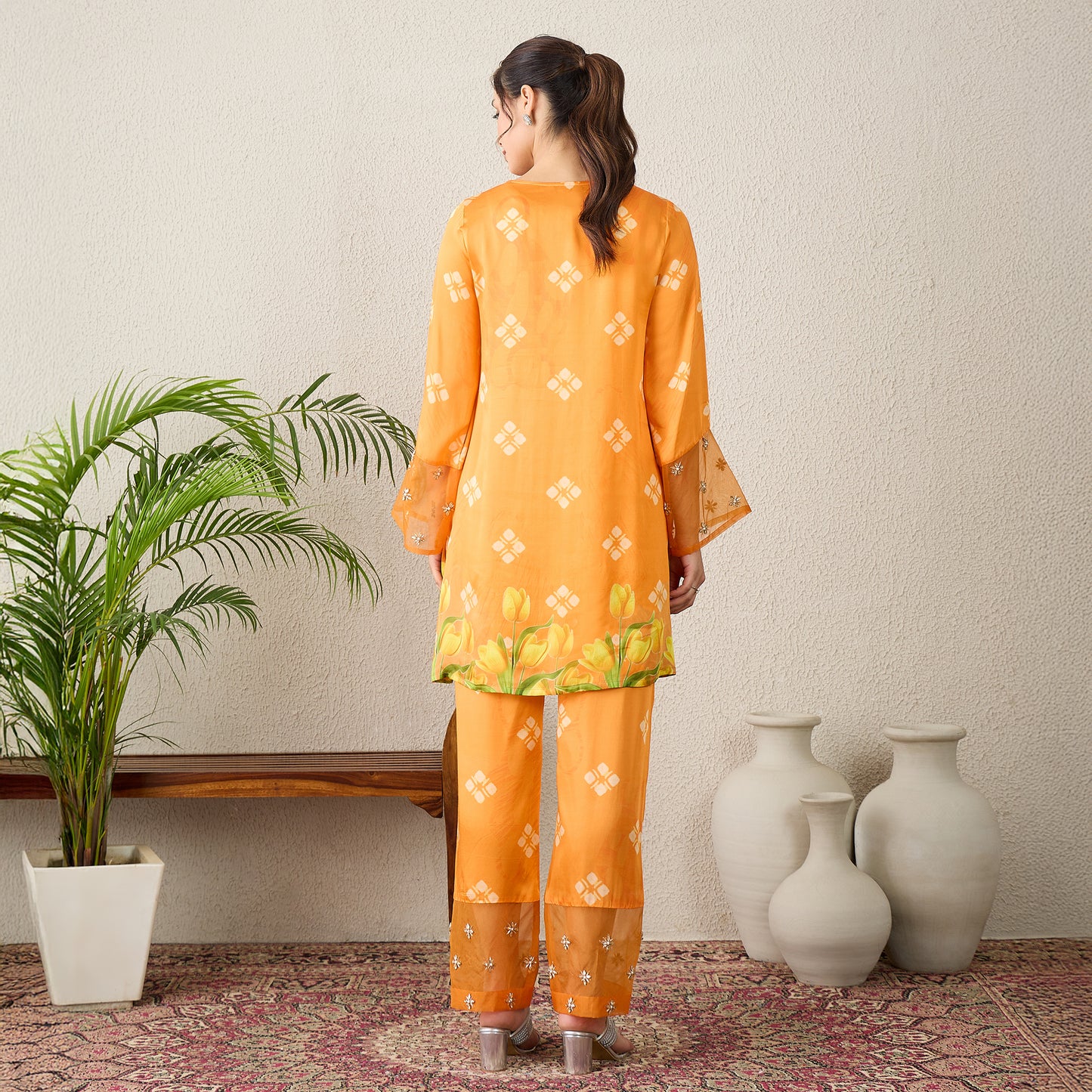 Orange Boota Print High-Low Kurta with Pants Set