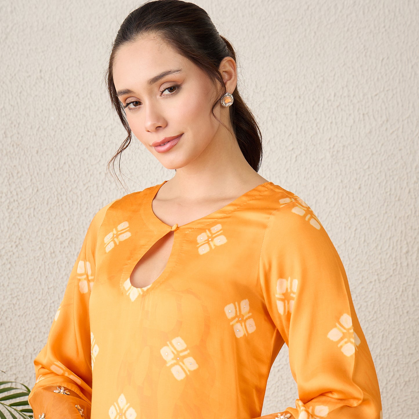 Orange Boota Print High-Low Kurta with Pants Set