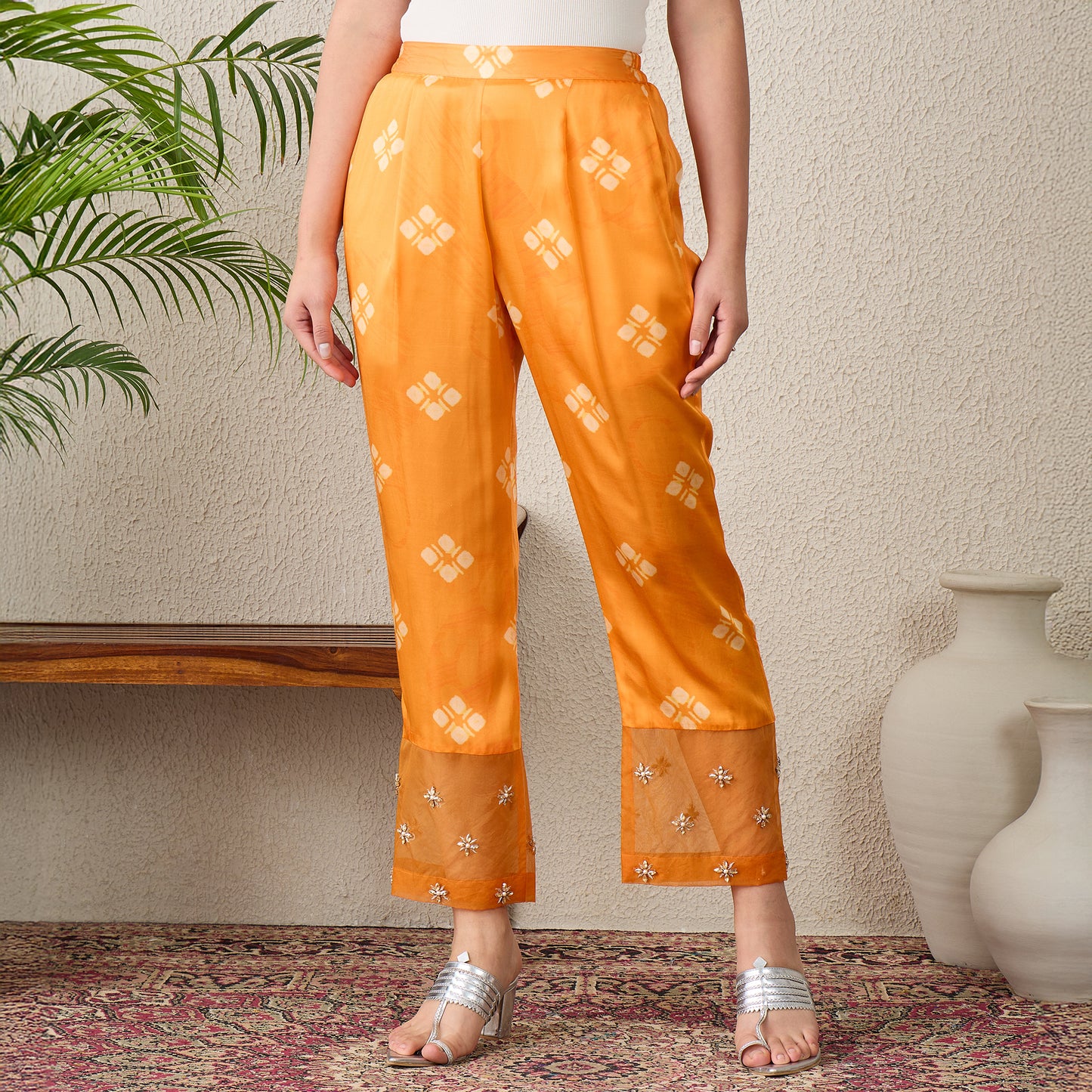 Orange Boota Print High-Low Kurta with Pants Set
