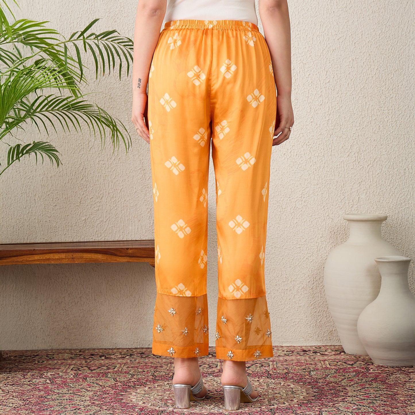 Orange Boota Print High-Low Kurta with Pants Set