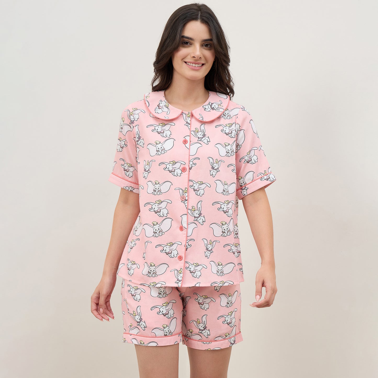 Pink Dumbo Printed Shorts Nightsuit Set