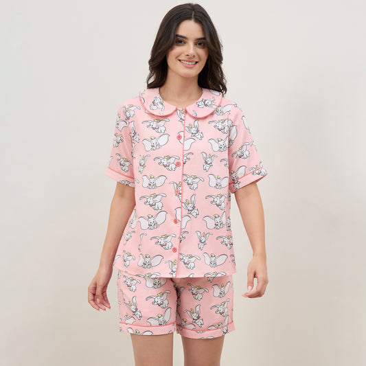 Pink Dumbo Printed Shorts Nightsuit Set
