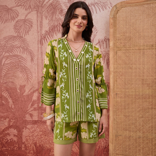 Light Green Floral Mirror Embroidered Tassel Co-Ord Set