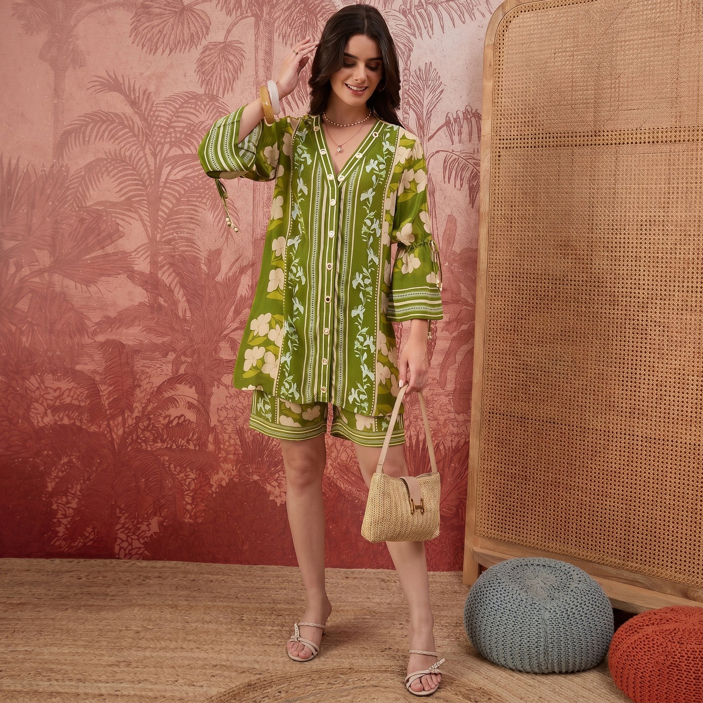 Light Green Floral Mirror Embroidered Tassel Co-Ord Set